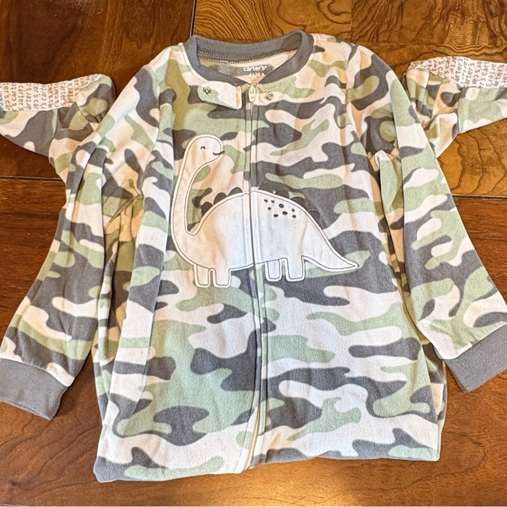 Carters Gray and Green Dinosaur Print Footie Pajamas - Picture 1 of 4